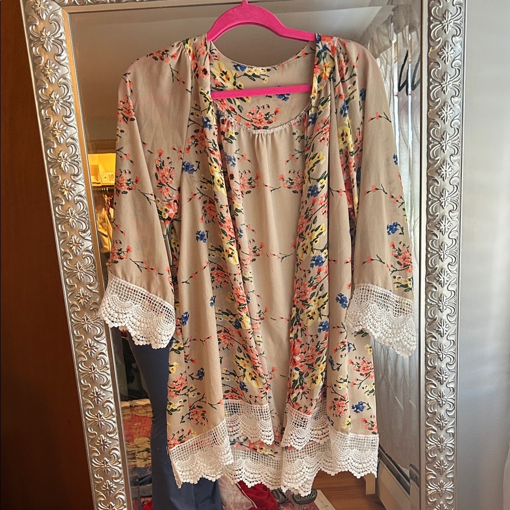 Floral Kimono Cardigan with Lace Trim